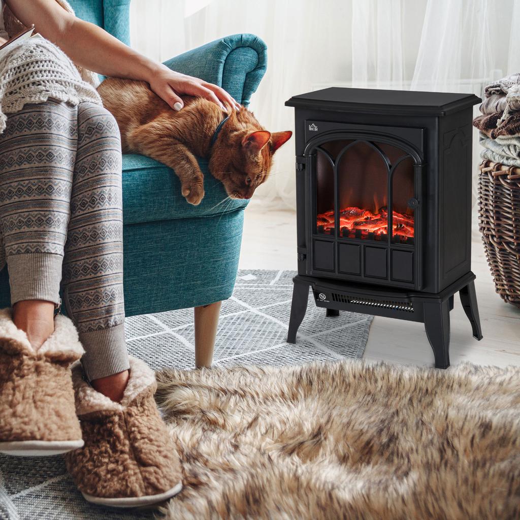 Electric Fireplace, LED Flames, 1000/2000 W, Adjustable Temperature & Brightness, Metal, 39 x 23 x 56.5 cm
