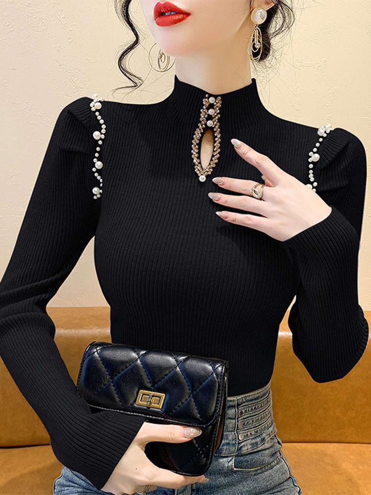Chic Pearl-Embellished High-Neck Women's Sweater for Autumn 2025