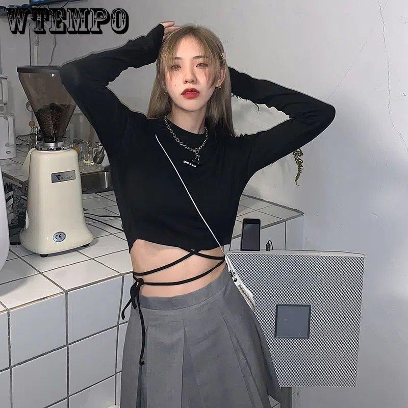 Футболки с длинным рукавом, женские укороченные топы с повязками, Harajuku Ulzzang, уличные весенние повседневные тонкие рубашки для девочек