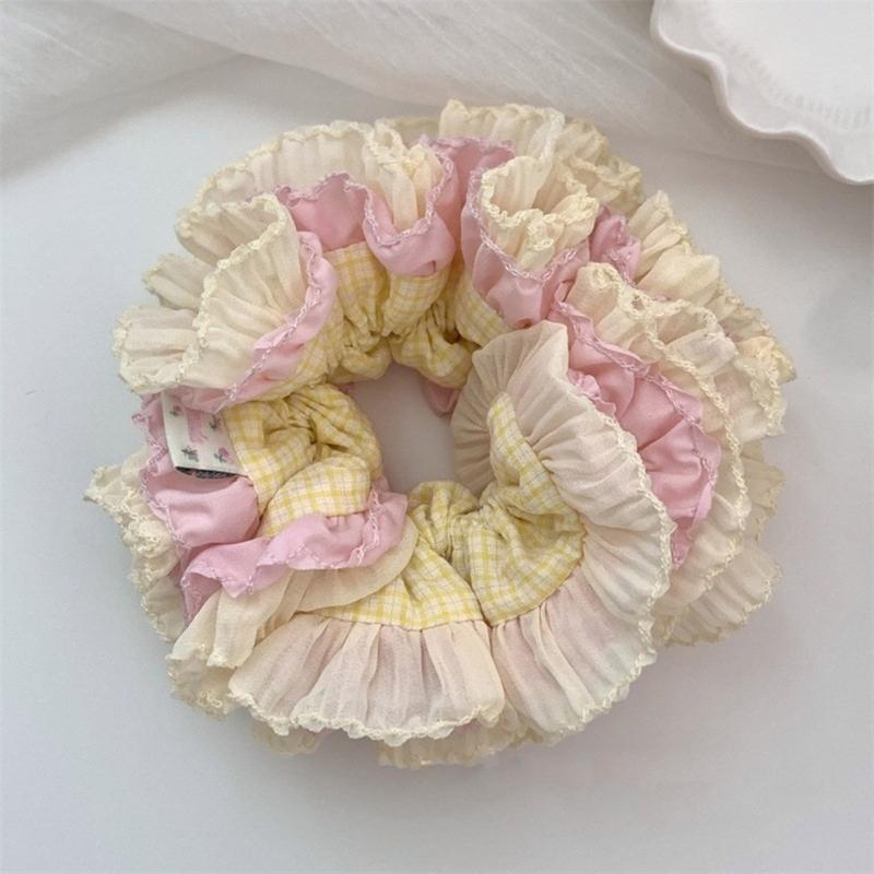 Aesthetic Scrunchies Elastic Multilayer Lace Hair Rope Wedding Party Beach Headwear Big Buns Hair Elastic Check Hairtie