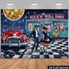 2D Planar Rock Theme Party Banner Background. Retro Rock Restaurant Theme, Featuring Golden Disco Balls and Red Vintage