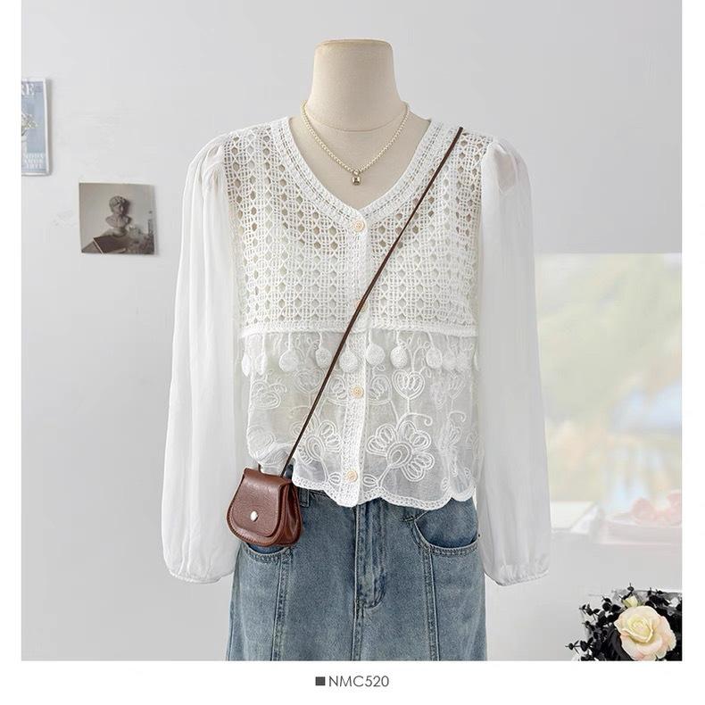 Ethnic style hollow hook-up splicing bubble sleeve knitted sweater summer thin round neck age-reducing loose short top women