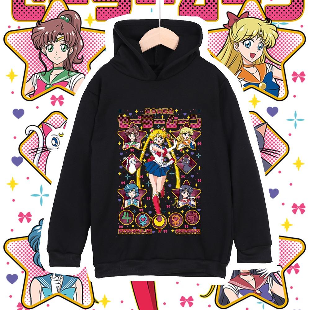 Kids Anime Cotton Tshirt Sailor Moon Characters Print Unisex Hoodie Sweatshirt for Boys Girls 100-160cm Height