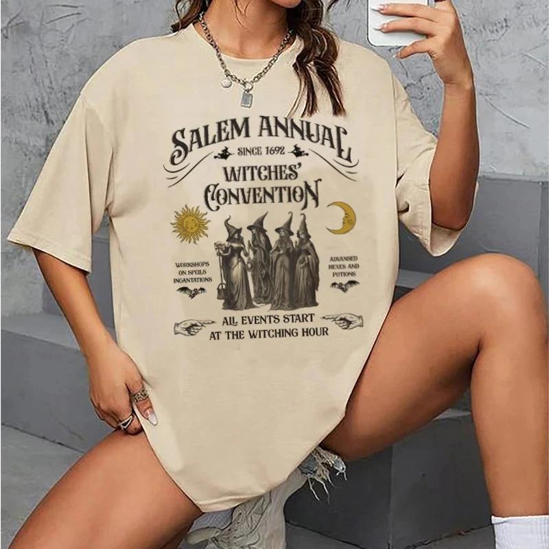 Футболки Salem Witch для женщин в стиле ретро, забавные, с коротким рукавом на Хэллоуин, свободные, модные, милые, осенние, праздничные, графические топы
