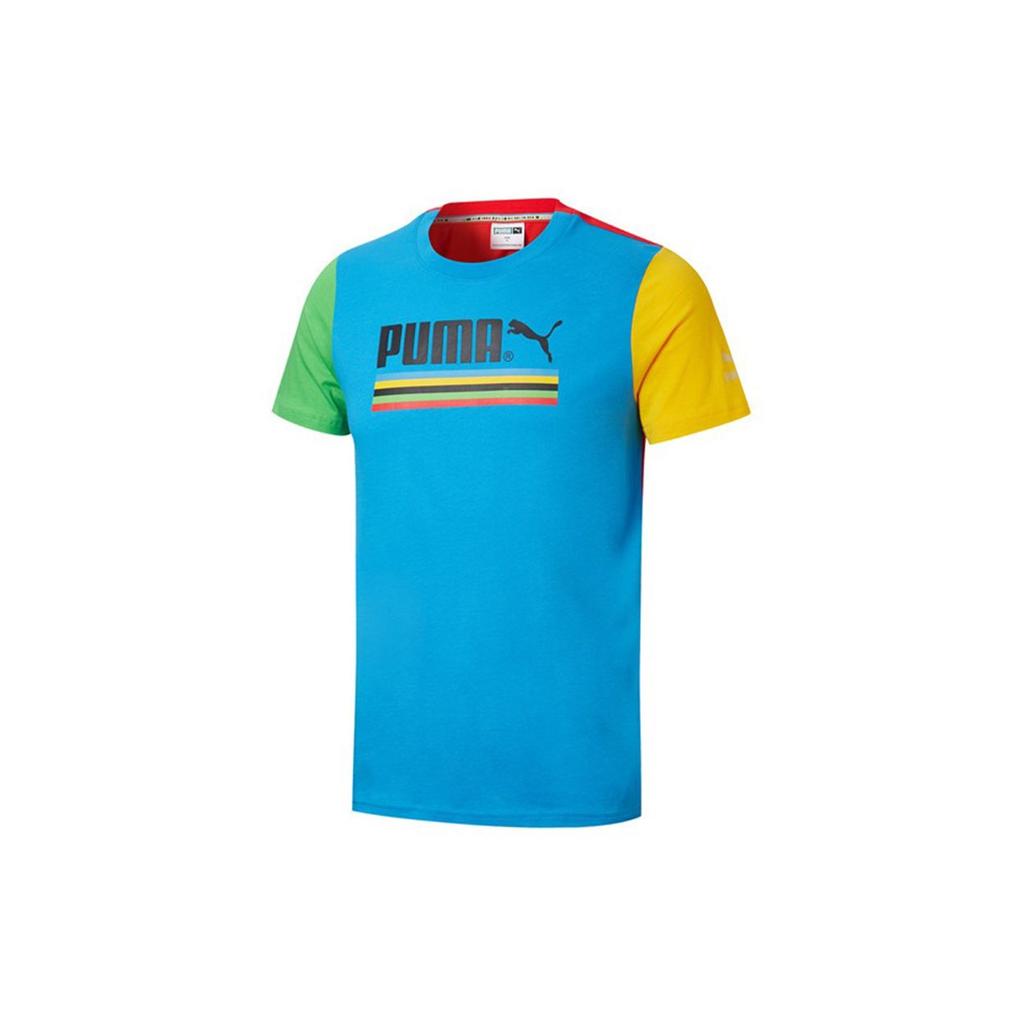 Puma Logo Color Block Casual Sports Printed Round Neck Breathable Short Sleeve T-Shirt Men Tops Royal-Blue 599997-38
