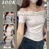 Summer New Style Pure Desire Design Ruffled Polka Dot Short-Sleeve T-Shirt for Women, Off-Shoulder Niche Slim-Fit Flattering Top