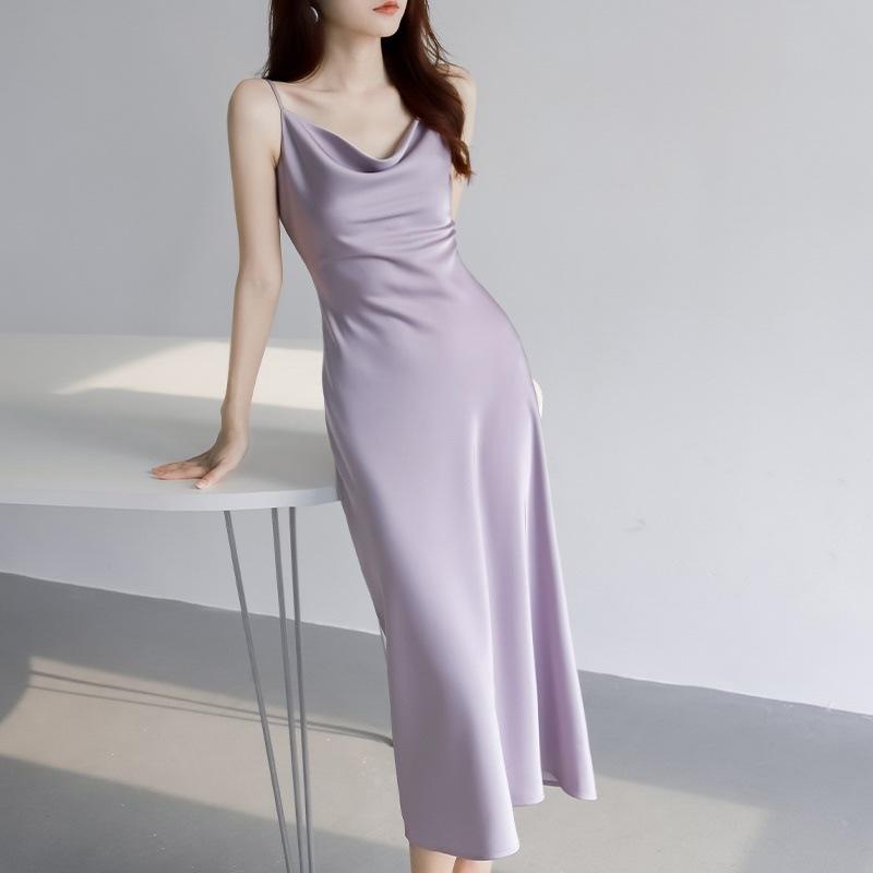 Acetate Texture Satin Collar Suspender Dress for Women In Summer Slim Waist-hugging Sleeveless Skirt