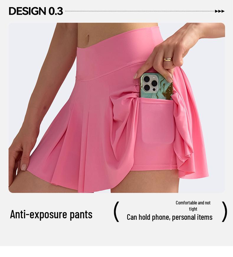 High Waist Pleated Tennis Skirt with Pockets - Elastic, Anti-Exposure Yoga Fitness Skort