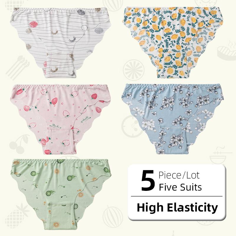 5Pcs/Lot Girl's Ice Seamless Low Waist Panties Cute Fruit Printing High Elastic Comfortable, Half A Pack Buttock Wavy Edge Underwear Briefs