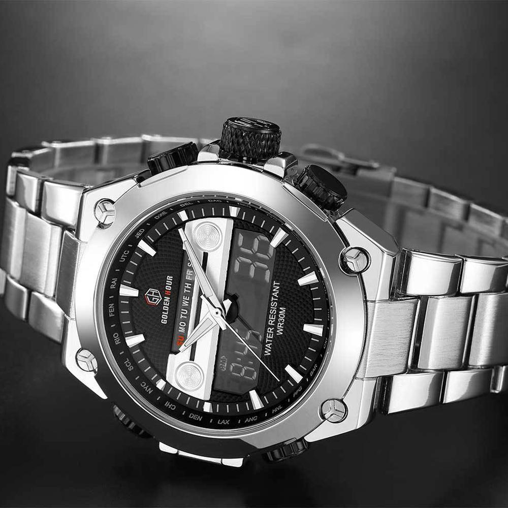 GOLDENHOUR Mens Sport Watches Luxury Gold Quartz Steel Strap Waterproof Military Digital Wristwatch Clock Relogio Masculino