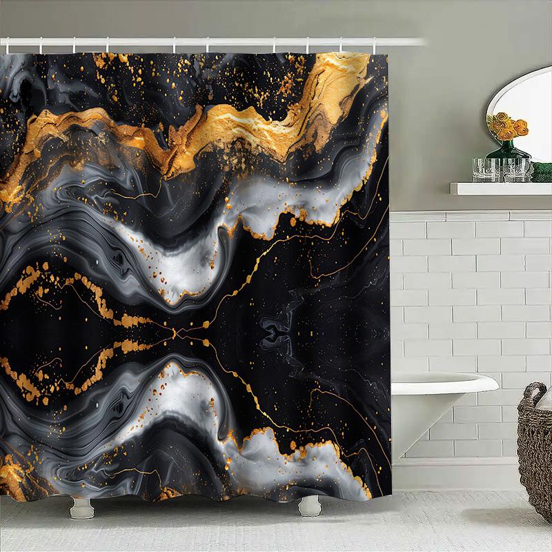 Роскошный набор штор для душа с мраморным принтом, черно-золотой геометрический узор, декор для ванной комнаты с карманом для штанги, для домашней ванной комнаты (69 x 7