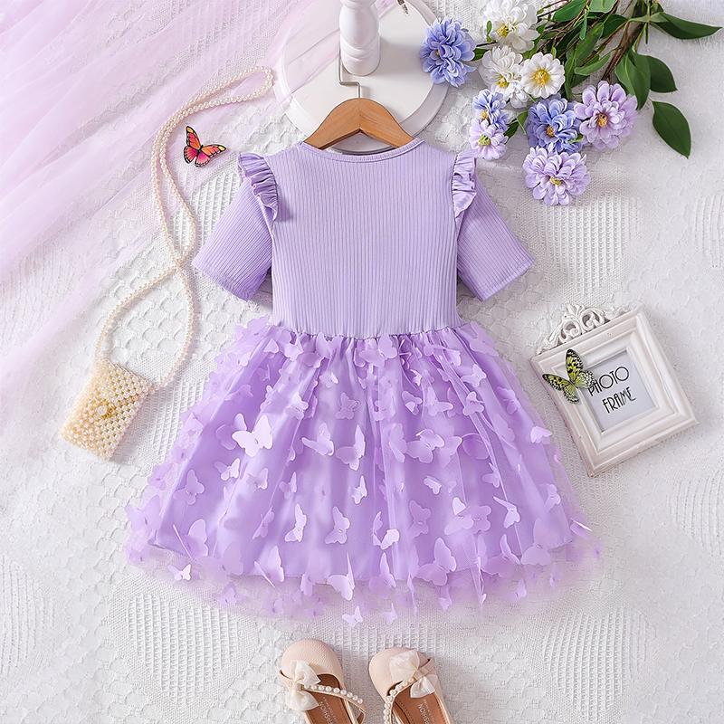 Girls Butterfly Tulle Dress, Print on the wooden stake,Cute Princess Party Dress with Bow, Short Sleeve Summer Dress for Little Girls