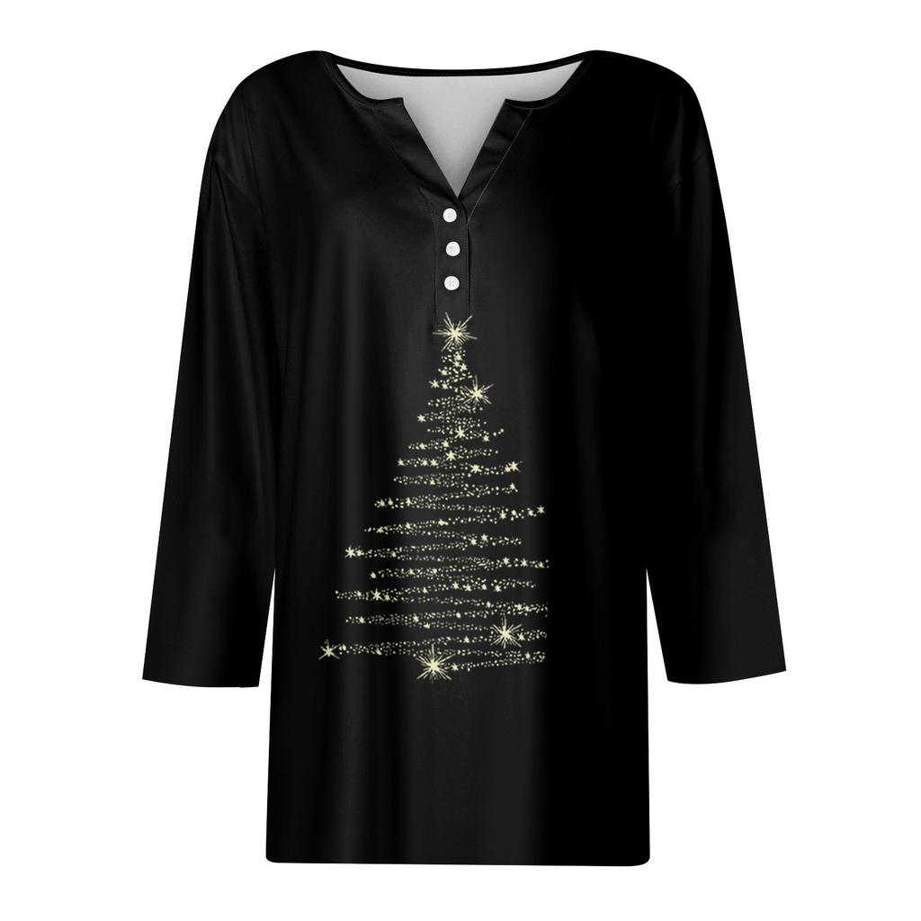 Жен. Футболка Футболка С принтом Пуговицы Рукав 3/4 Повседневные Выходные Мода Классический Классический V-образный вырез Обычный Верх