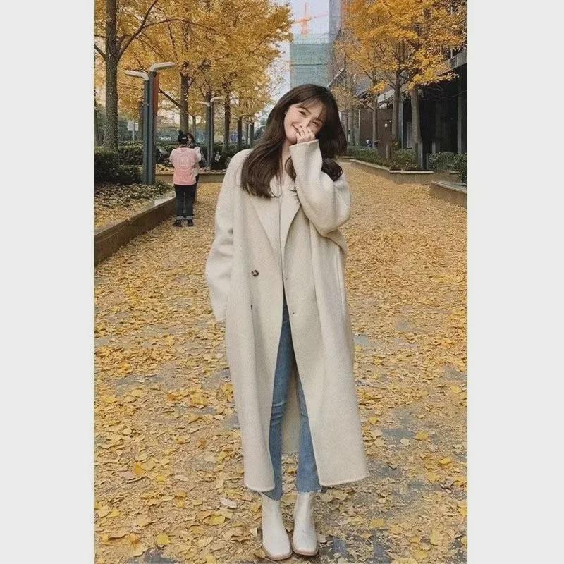 Женское шерстяное пальто средней длины осень/зима 2023 года, стиль Хепберн, свободный крой, корейская мода.