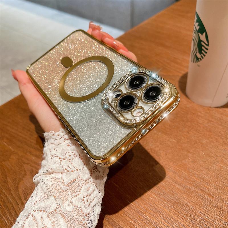 Luxury Fashion Electroplating Gradual Glitter Diamond Magnetic Phone Case For iPhone 15 14 13 12 11 Pro Max Shockproof Cover For iPhone 14 13 12 11
