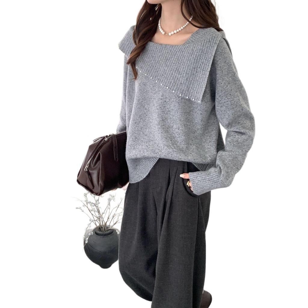 2026 Autumn Korean Style Elegant Beaded Lapel One-Shoulder Knit Sweater