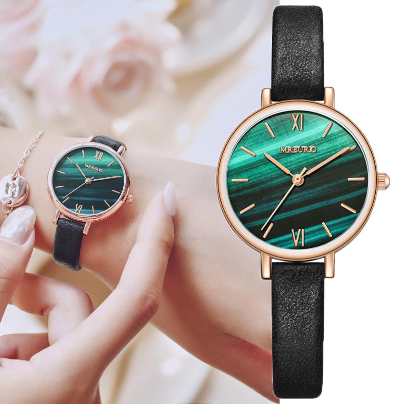 INS, новый элегантный дизайн, женские кварцевые наручные часы, модные часы из искусственной кожи с зеленым циферблатом, лучшие подарки для семьи