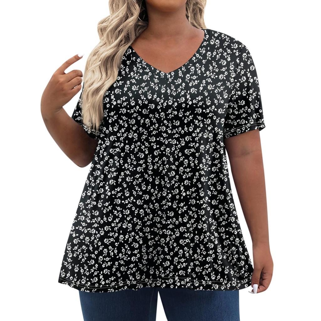 Womens Plus Size Tops Shorts Sleeve Shirts V Neck Casual Clothing Clothes Printed Tops