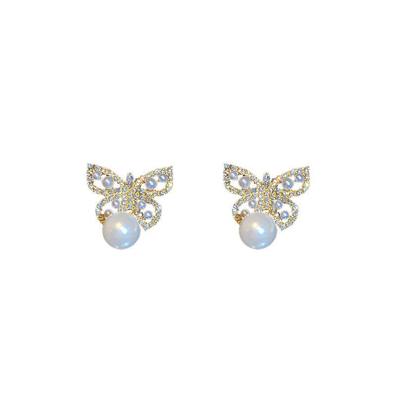 Korean Diamond Pearl Butterfly Earrings Elegant Design Ear Accessories for Women Earrings