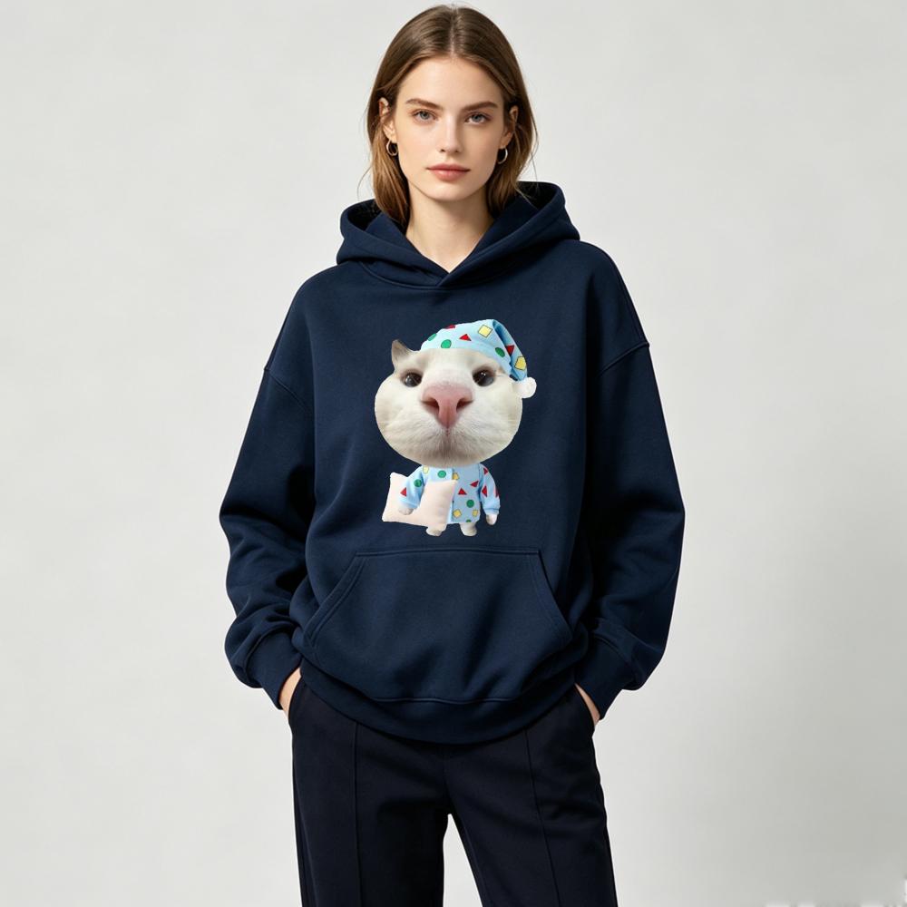 Cute Cat Pajamas Graphic Hoodie Unisex Oversized Pullover Streetwear Funny Kitten Print Casual Sweatshirt Y2K Harajuku Tops
