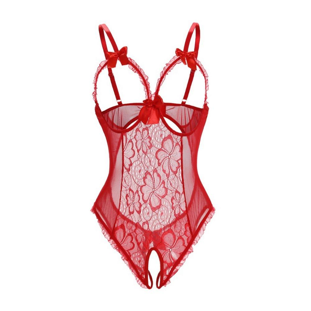 Deep V Women Underwear Open Crotch Lace Sling Nightwear Sweet Lace Bow Bodysuit  Gifts
