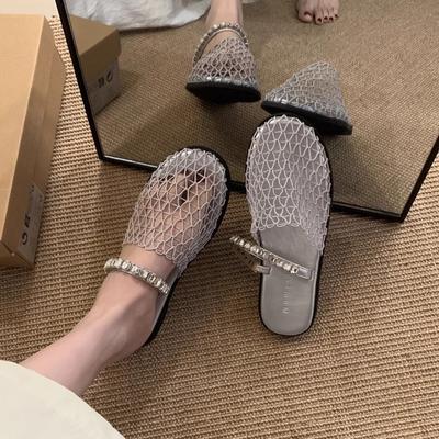 Сетчатая сумка с французскими стразами на плоской подошве, полушлепанцы, женская обувь для улицы, 2025, лето, отпуск, пляж, римские сандалии