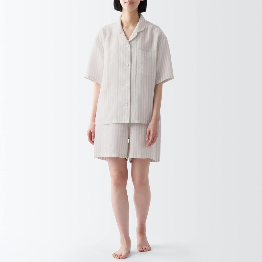 MUJI Naturally Derived Cool Touch Lyocell Hemp Пижама с короткими рукавами FDB06A3S Светло-серая полосатая XL Женская