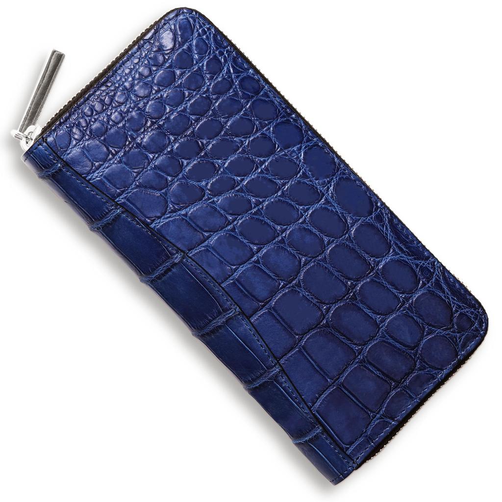 CLW Crocodile Leather Works Indigo-dyed Crocodile Zip-Around Long Wallet, Made in Japan, Blue and Navy, Men's Long Wallet, Designer Brand, Gift