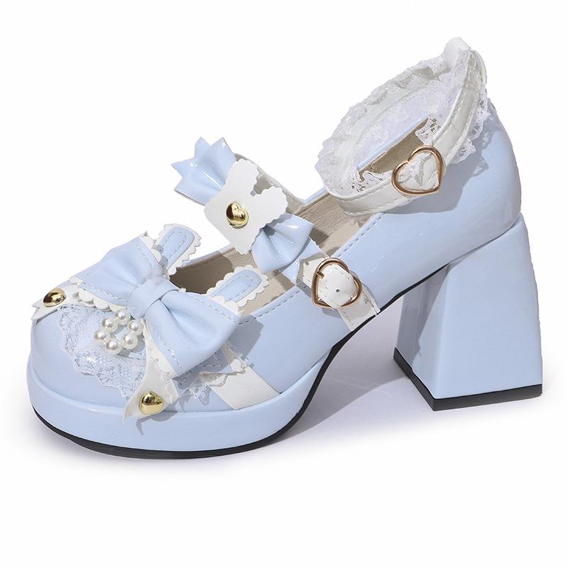 Fashion Comemore Round Toe Sweet Girls Lolita Butterfly Knot High Heels Princess Style Bow Pearl Pumps Ankle Buckle Heeled Single Shoes