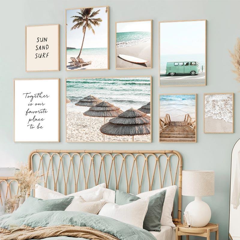 Тропическое море пляжные волны постер кокосовая пальма мост грузовик холст живопись скандинавское настенное искусство картины для гостиной домашний декор