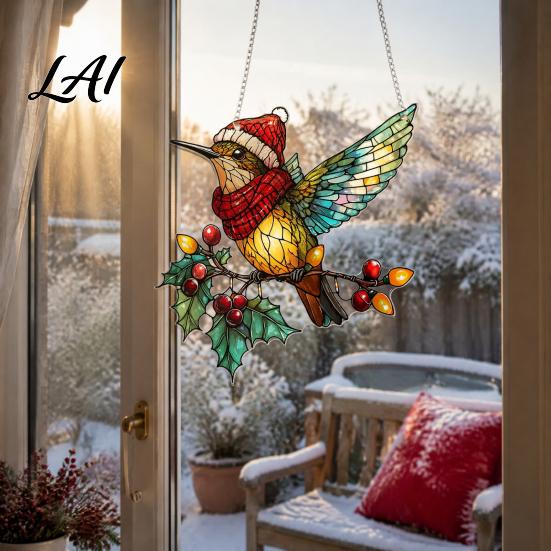 Nature Themed Hanging Art Acrylic Scenery/Bird Ornament Stained Glass Style Pendant Double Sided Unique Christmas Party Supplies Decoration