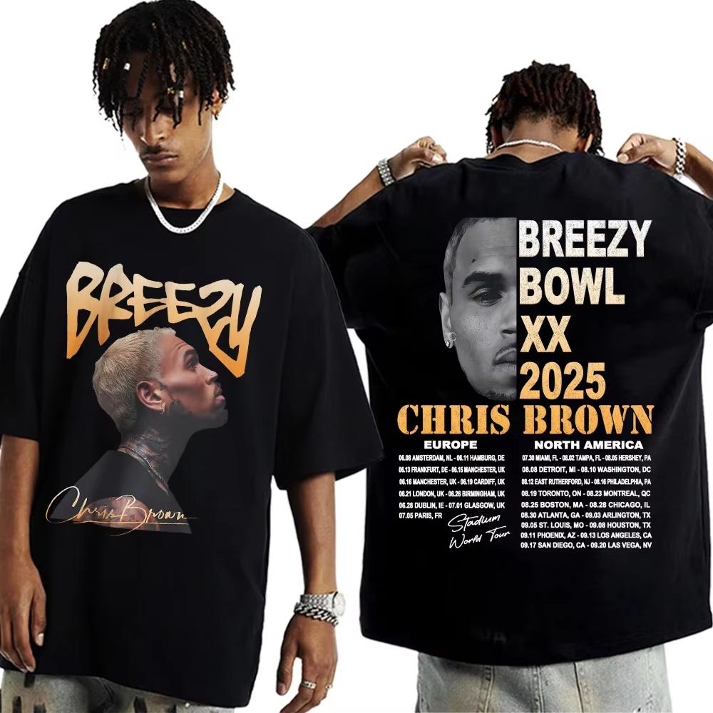 Chris Brown Tour Breezy Bowl XX 2026 Album Tshirts Men Women Vintage Gothic High Street Tshirt Comfort Loose Oversized T Shirt