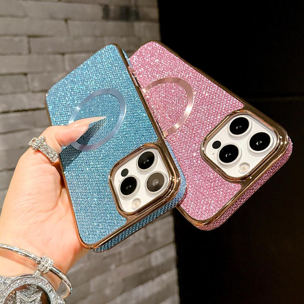 Shiny Rhinestone Glitter Plated Border Magnetic Ring Case for iPhone 16 Pro Max 15 Plus 14 + 13 Pro 12 11 Lens Protection Cover