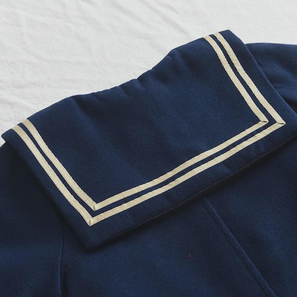 2023 Осень/Зима Женское Темно-синее Шерстяное Пальто - Корейский Стиль С Длинными Рукавами В Колледже