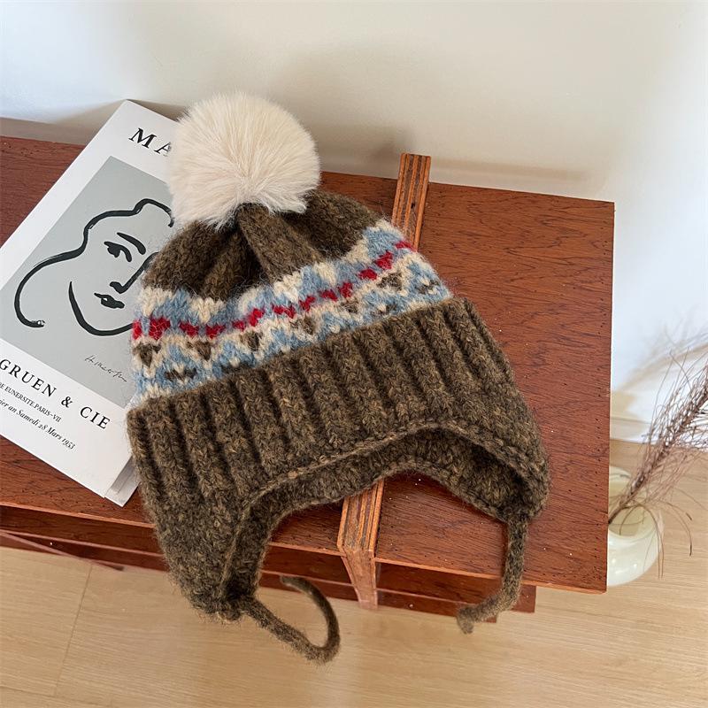 Корейская вязаная шапка с помпоном для детей - Теплая защита ушей для мальчиков и девочек