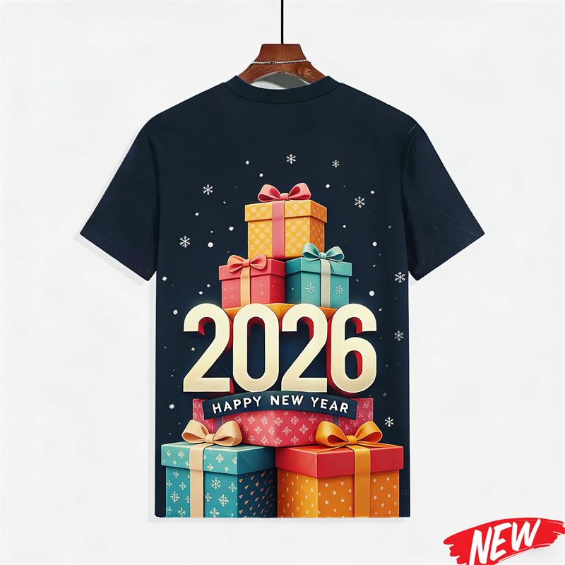 Men's T-shirt with colorful balloon and fireworks pattern, Happy 2026 New Year, short-sleeve holiday party family crew neck T-shirt