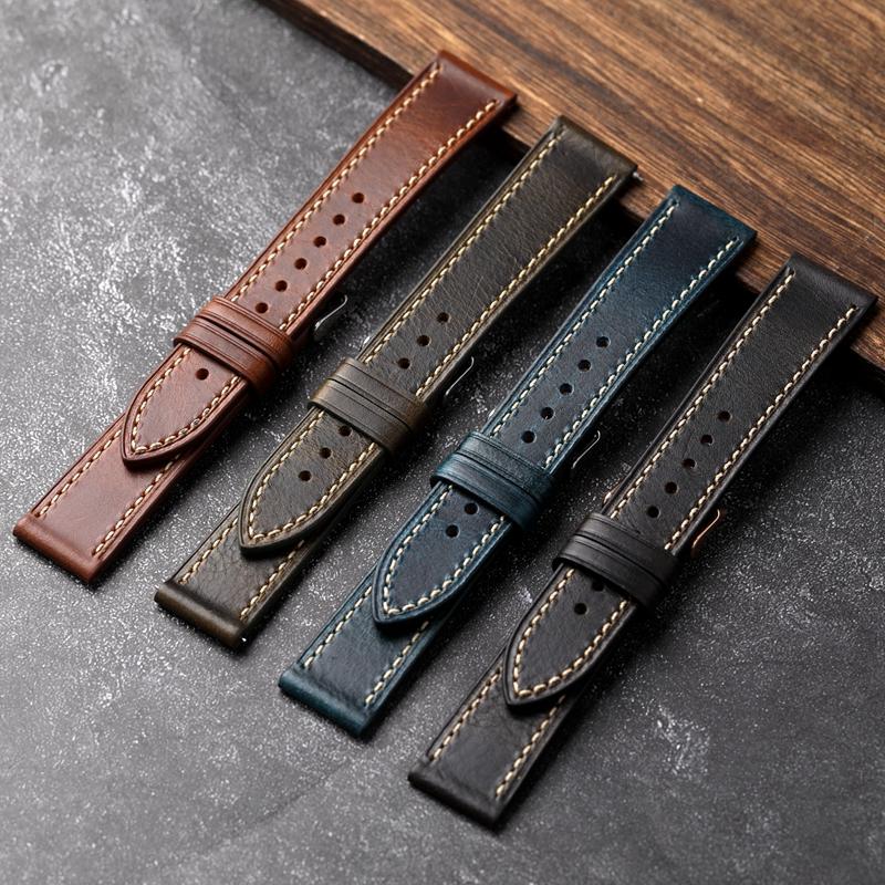For Handmade First Layer Cowhide Leather Watchband 18 19 20 22 24MM Glossy Oil Wax Leather Blue Brown Men Watch Bracelet Vintage