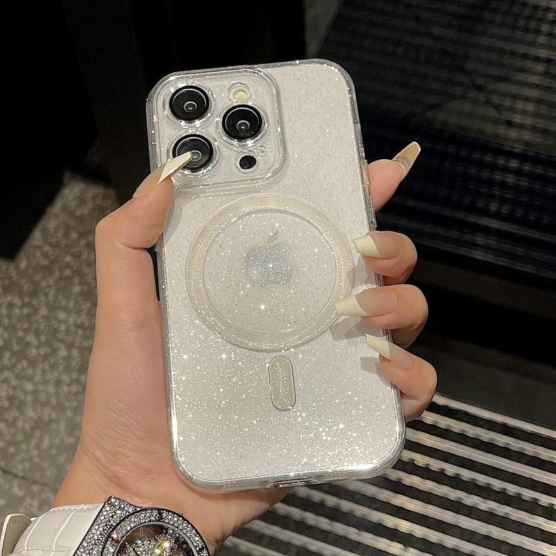 Роскошный блестящий чехол Magsafe для беспроводной зарядки iPhone 15 14 13 12 11 ProMax, ударопрочный прозрачный магнитный мягкий бампер