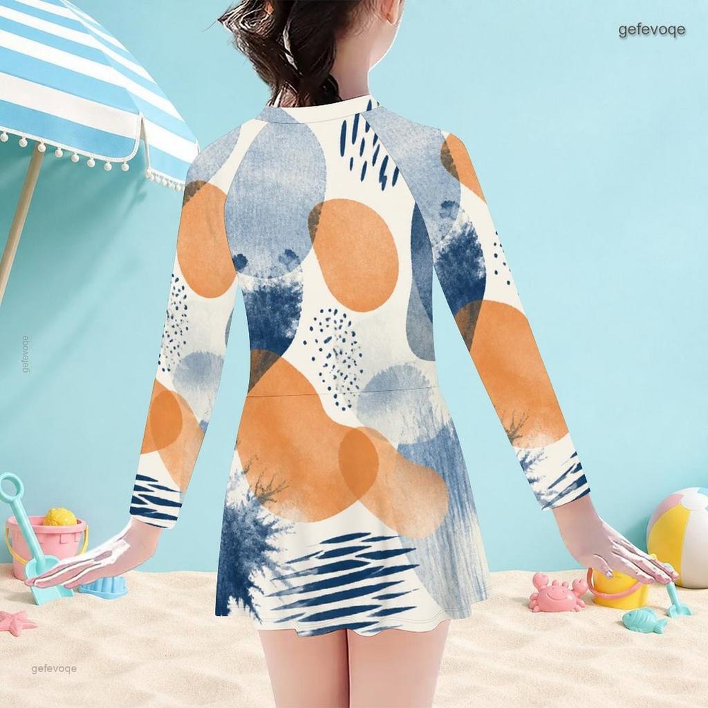 Girls High Neck Long Sleeve One Piece Printed Swimsuit Front Zip Skirt Hem Beachwear