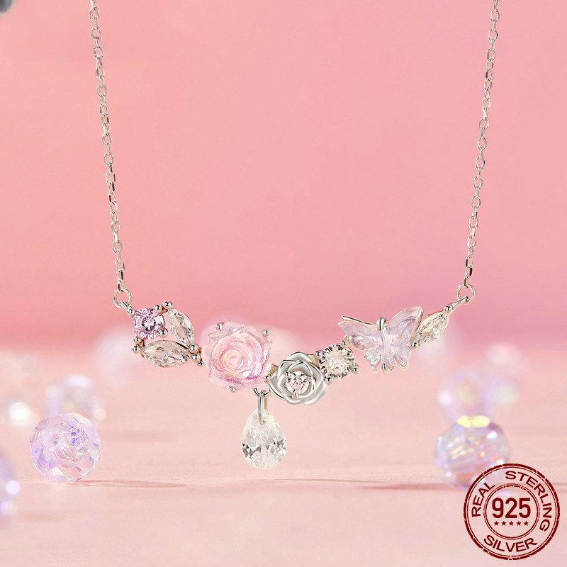 S925 Sterling Silver Romantic Flower Necklace Fantasy Butterfly Neck Chain for Women Valentine's Day Fine Jewelry Gift