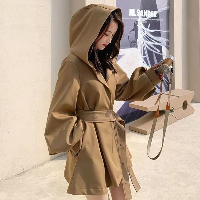 Autumn Korean Loose Trench Coat With Hooded Belt Black Woman Jackets Overcoat