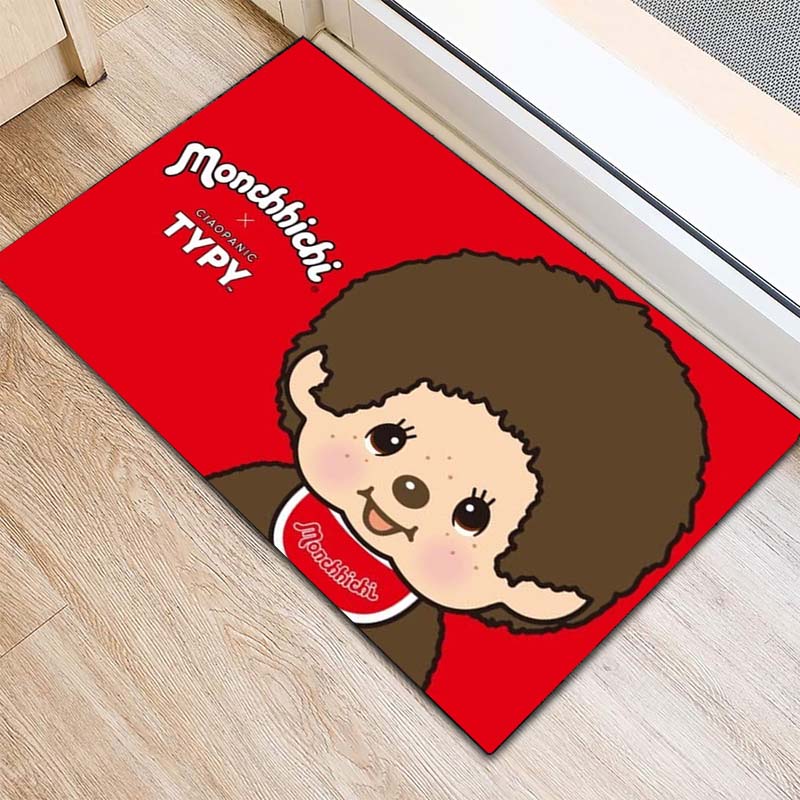 Monchhichi Cute Cartoon Doll Red Background Print Area Rug Non‑Slip Floor Mat Home Bedroom Decor