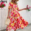 Женская мода лето-весна с цветочным узором и принтом с коротким рукавом и v-образным вырезом со средней талией повседневные платья