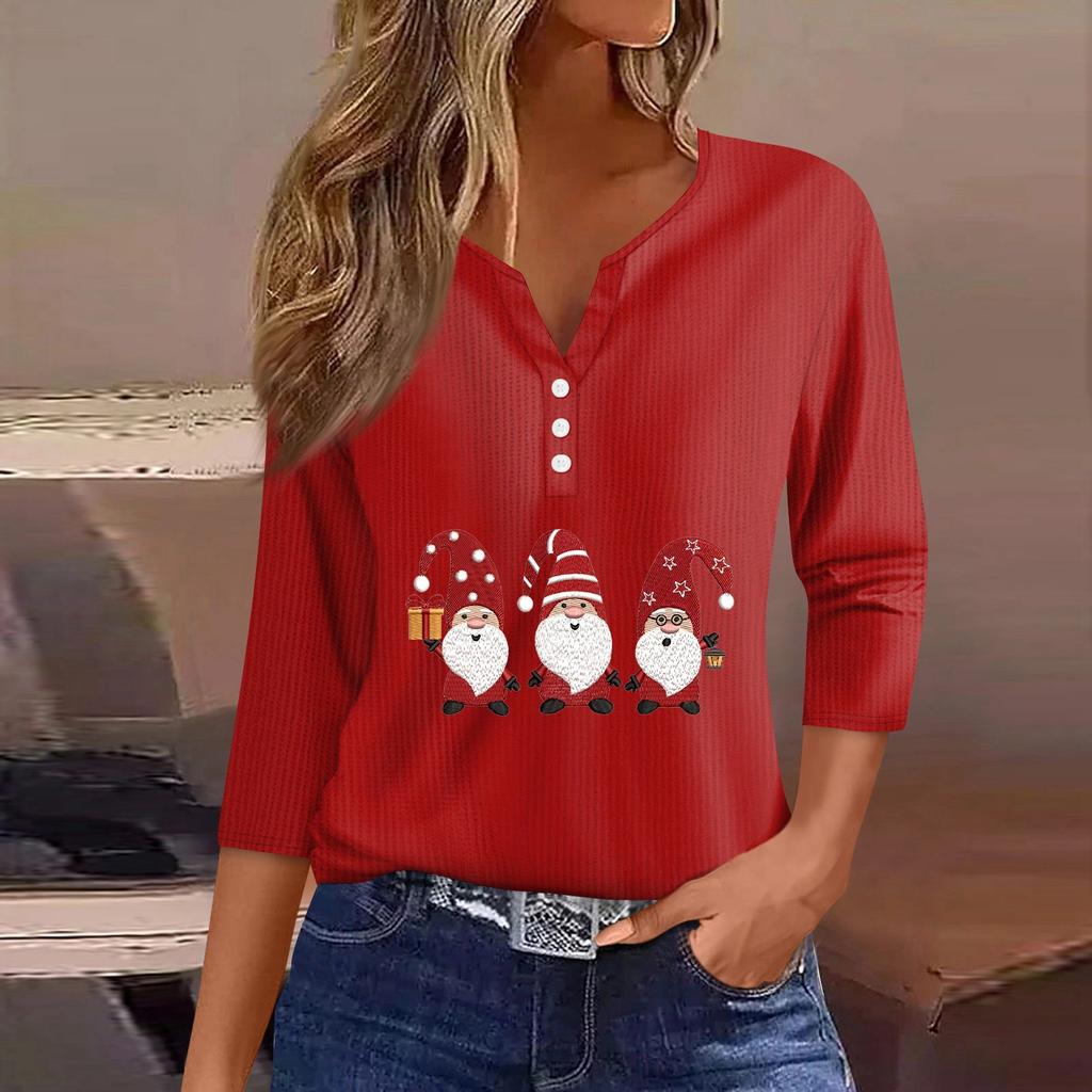 Women‘s Fashion Casual Christmas Wine Glass Printed V-neck 3/4 Sleeve Button Knit Hoodie Regular Top