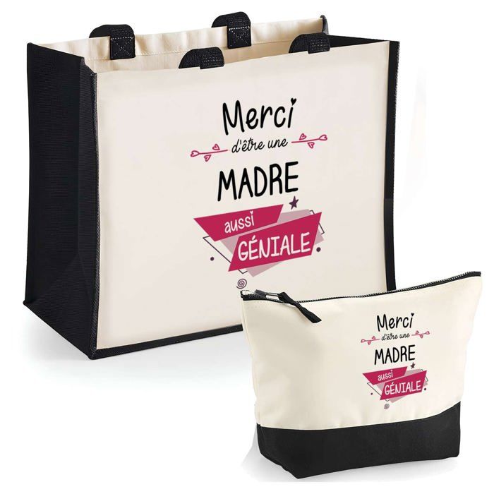 Duo cabas jute et trousse Merci Madre Géniale Cadeau Prénom Femme Anniversaire Noël | Sac de courses Pochette Maquillage Shopping