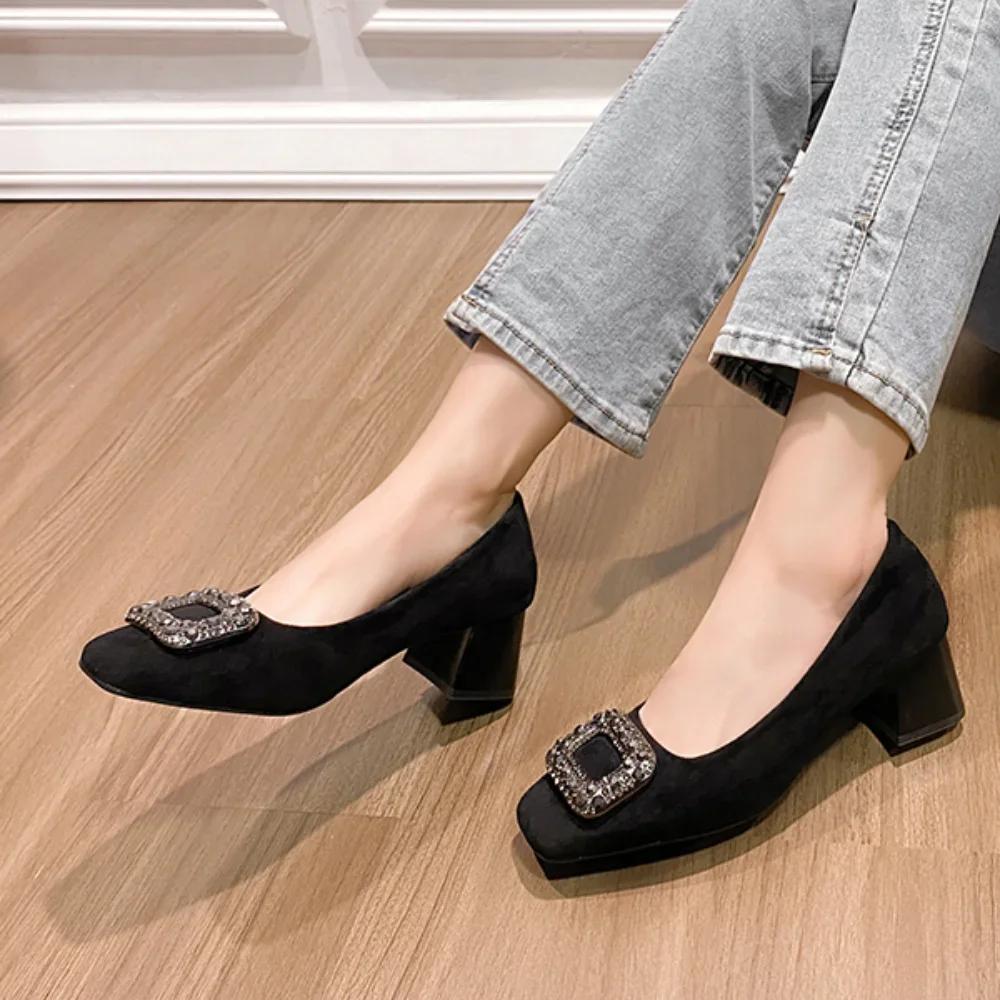 Versatile French Style Water Square Buckle Flat Shoes New Spring 2024 High Heel Low Heel Soft Bottom Women's Shoes
