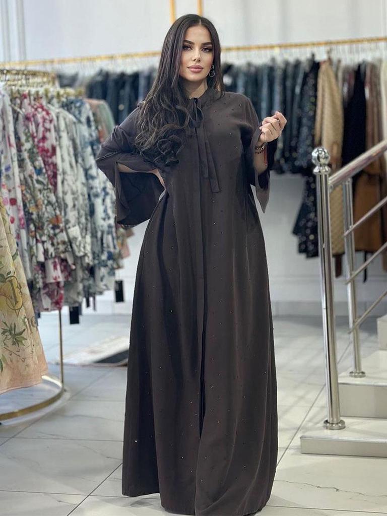 Сверкающее платье с длинным рукавом и завязками на спине, с круглым вырезом