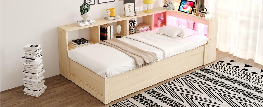 Sofa Bed 90 × 200 cm, Equipped with Euro Socket and Storage Compartments, Multicolored LED Strips, Hydraulic Mechanism, Solid Wood Bed, Wood Color.