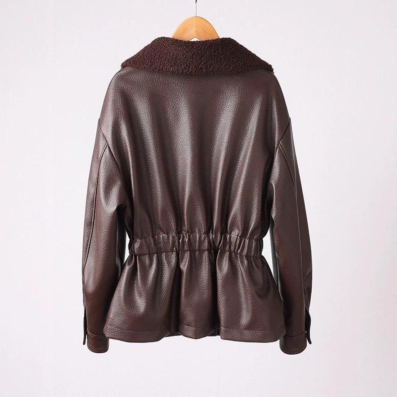 Down jacket lamb wool lapel fashion versatile women's black leather jacket short jacket large size