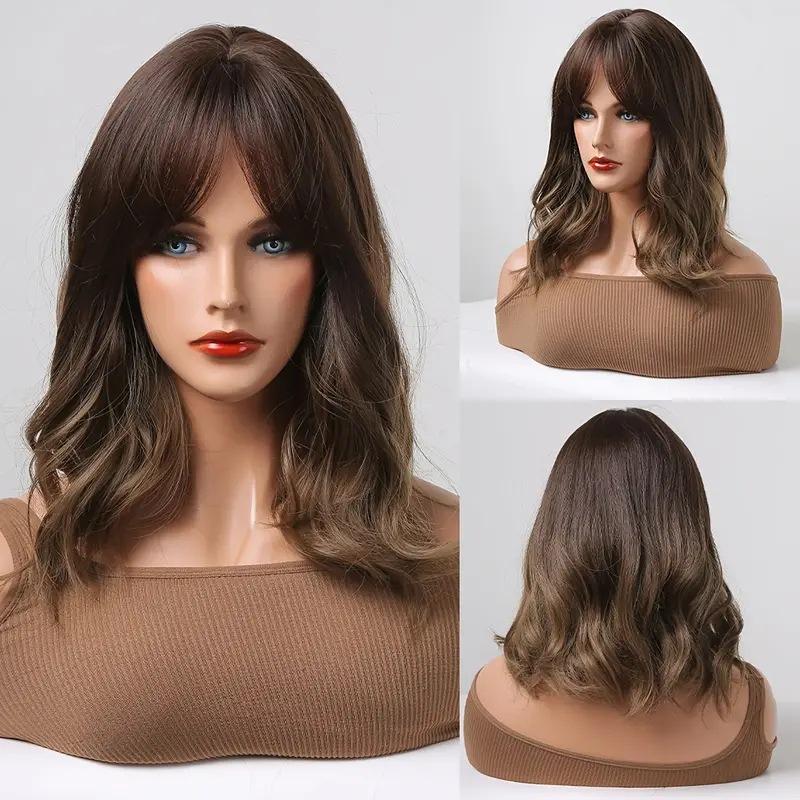 Synthetic Natural Wavy Wigs with Bangs Blonde Brown Wigs for Women Cosplay Party Use Heat Resistant Fiber Hair Wig